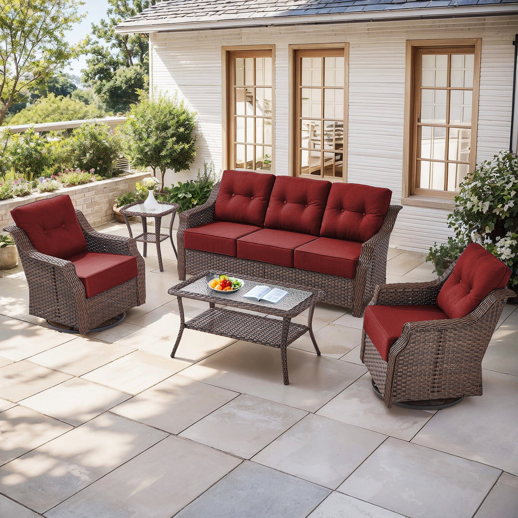 Luxury High Back Outdoor Furniture Set with 6 inch Thick Cushion,Patio Furniture Set with Swivel Rocker Chair,Sofa and Coffee Table,5 PCS Wicker Conversation Set for Yard,Deck,Poolside
