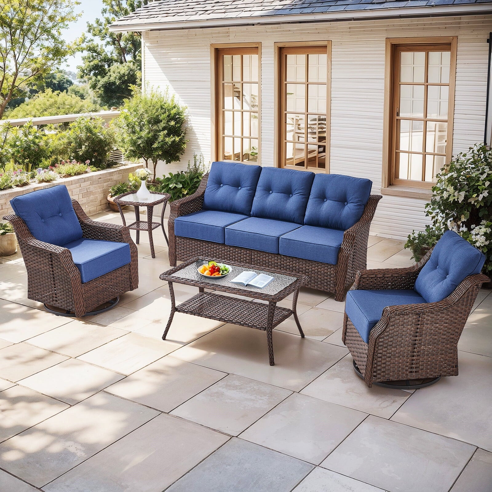 Luxury High Back Outdoor Furniture Set with 6 inch Thick Cushion,Patio Furniture Set with Swivel Rocker Chair,Sofa and Coffee Table,5 PCS Wicker Conversation Set for Yard,Deck,Poolside