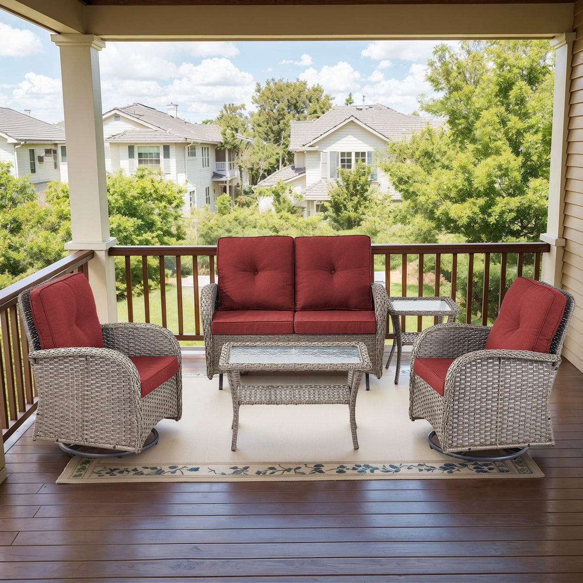Bellefurn 5 Pieces Outdoor Patio Furniture Sets with Swivel Rocker Chairs Rattan Glider Loveseat and Coffee Table,Wicker Outdoor Conversation Sets for Porch Deck Backyard Poolside