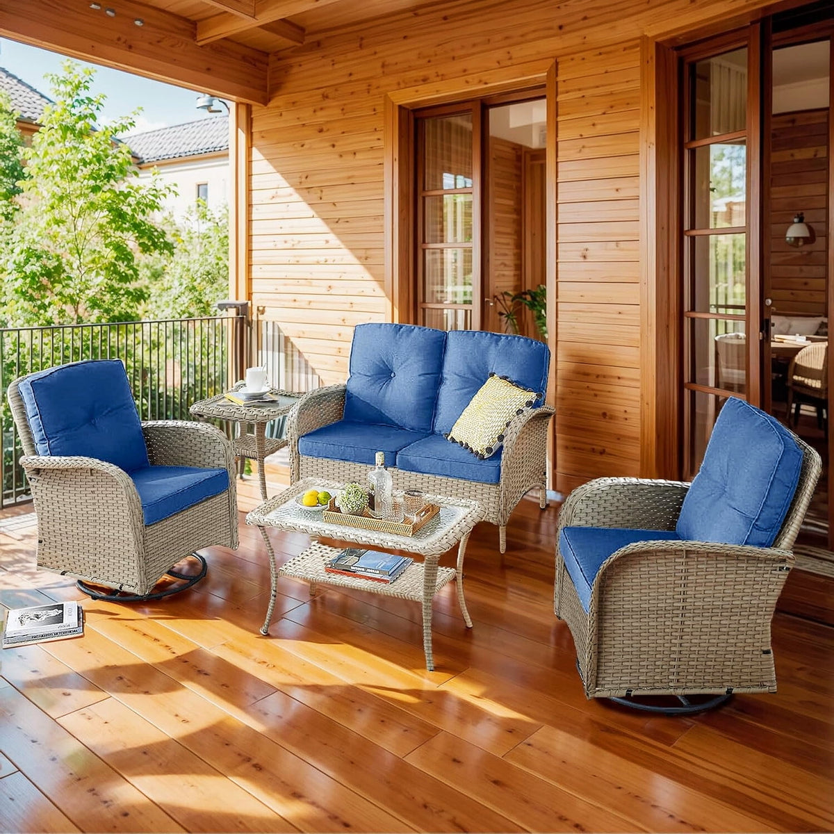 Bellefurn 5 Pieces Outdoor Patio Furniture Sets with Swivel Rocker Chairs Rattan Glider Loveseat and Coffee Table,Wicker Outdoor Conversation Sets for Porch Deck Backyard Poolside