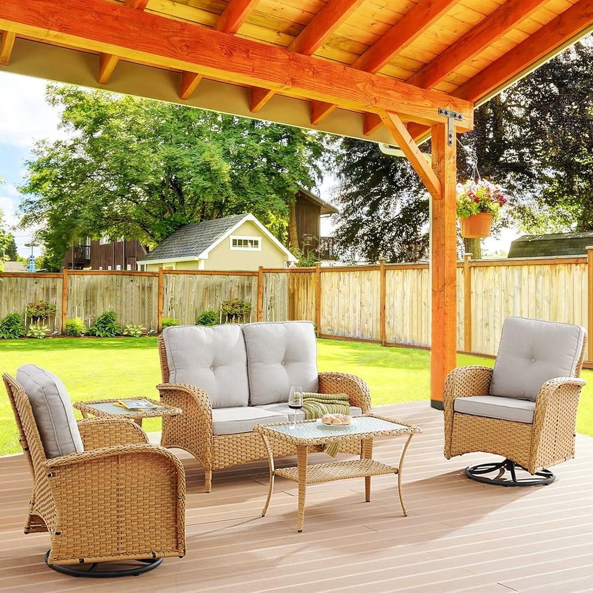 Bellefurn 5 Pieces Outdoor Patio Furniture Sets with Swivel Rocker Chairs Rattan Glider Loveseat and Coffee Table,Wicker Outdoor Conversation Sets for Porch Deck Backyard Poolside