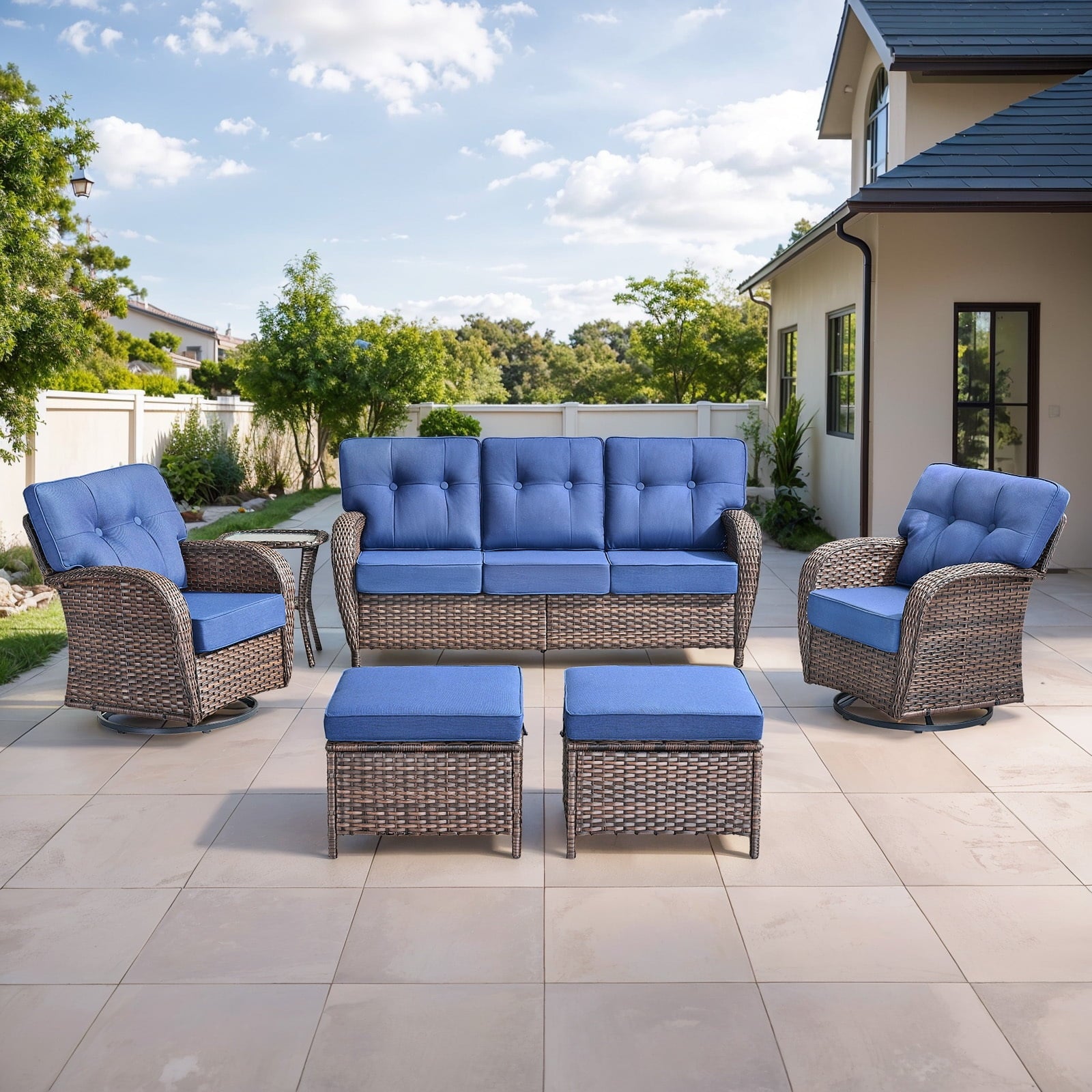 Luxury 6 Piece Outdoor Patio Wicker Furniture Sets with Swivel Rocker Patio Chairs,Sofa and Ottomans,High Back Outdoor Conversation Set for Porch Balcony Deck