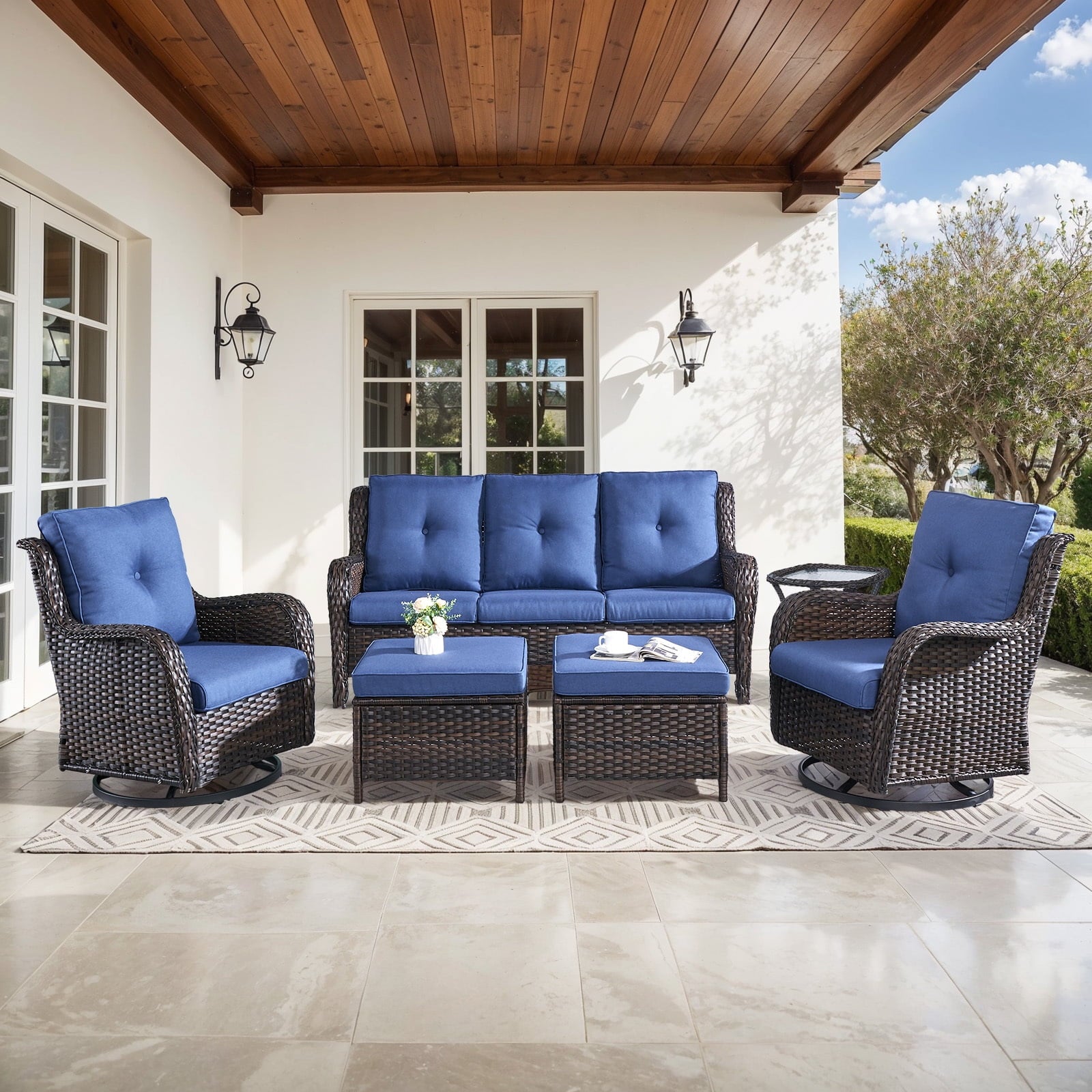 Bellefurn Outdoor Patio Furniture Sets with Swivel Rocker Chairs,3-Seat Sofa and Ottoman High-Back Rattan Patio Conversation Sets for Porch Deck Backyard Poolside