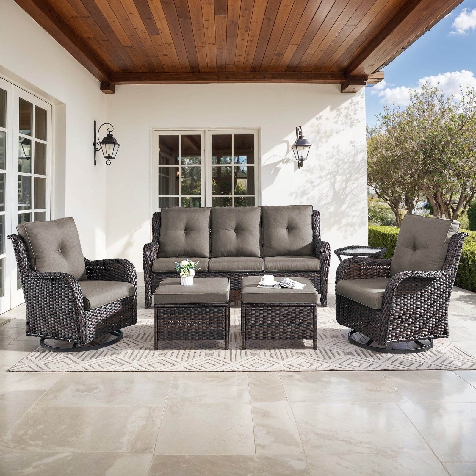 Bellefurn Outdoor Patio Furniture Sets with Swivel Rocker Chairs,3-Seat Sofa and Ottoman High-Back Rattan Patio Conversation Sets for Porch Deck Backyard Poolside