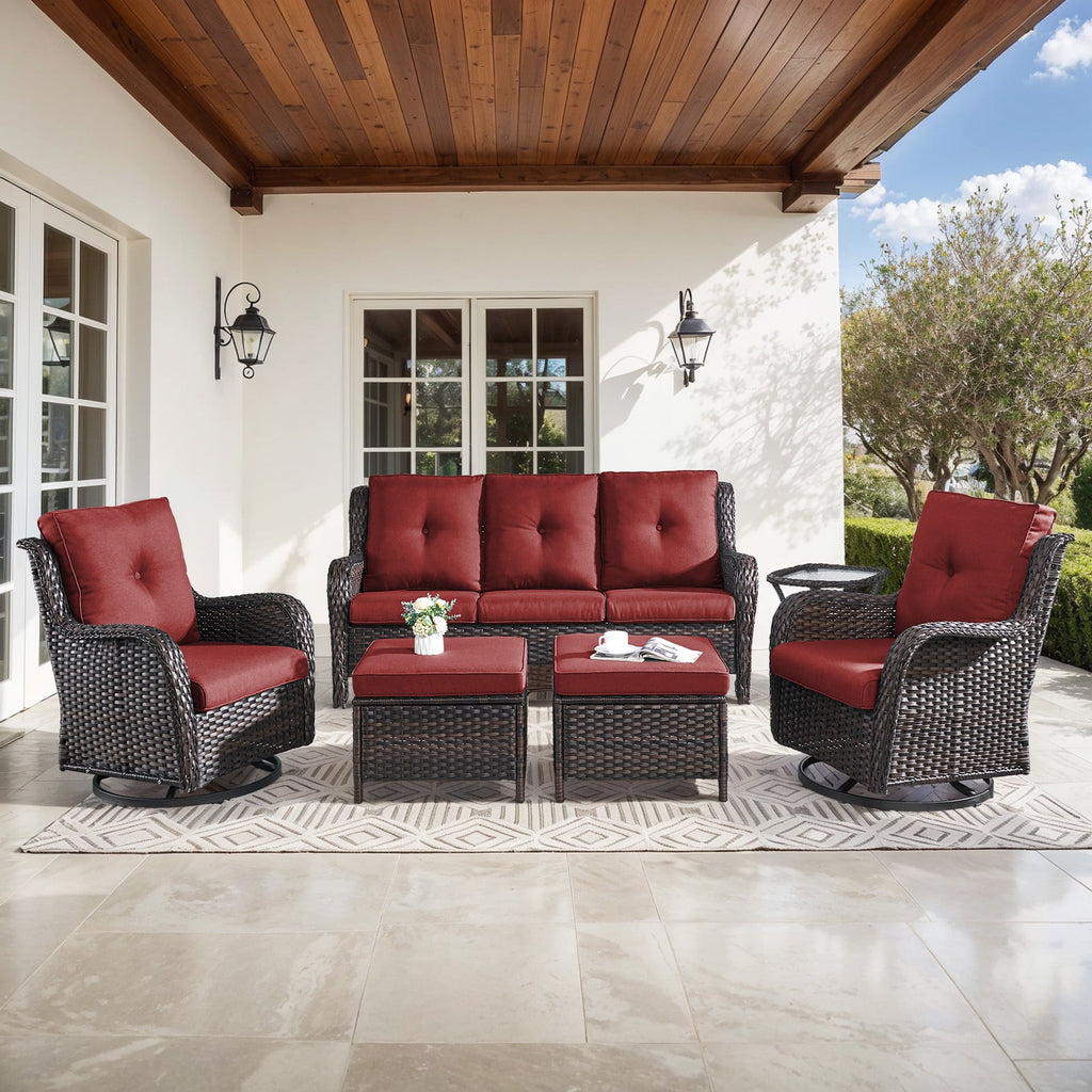 Bellefurn Outdoor Patio Furniture Sets with Swivel Rocker Chairs,3-Seat Sofa and Ottoman High-Back Rattan Patio Conversation Sets for Porch Deck Backyard Poolside