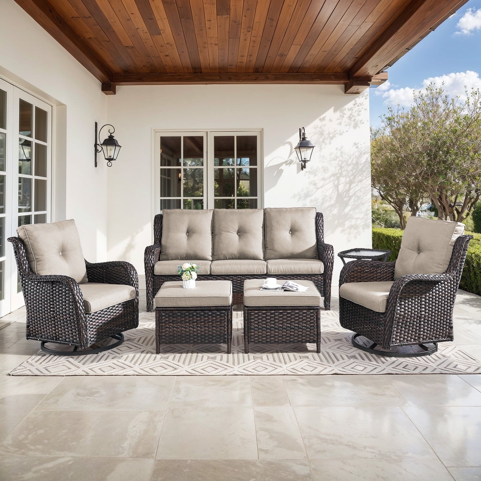 Bellefurn Outdoor Patio Furniture Sets with Swivel Rocker Chairs,3-Seat Sofa and Ottoman High-Back Rattan Patio Conversation Sets for Porch Deck Backyard Poolside