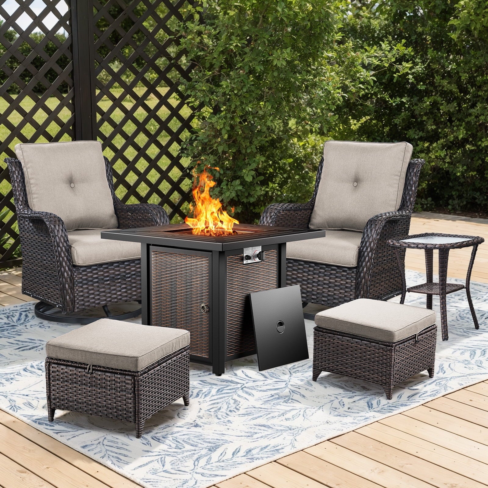 Bellefurn Outdoor Patio Furniture Sets with Swivel Rocker Chairs,3-Seat Sofa and Ottoman High-Back Rattan Patio Conversation Sets for Porch Deck Backyard Poolside