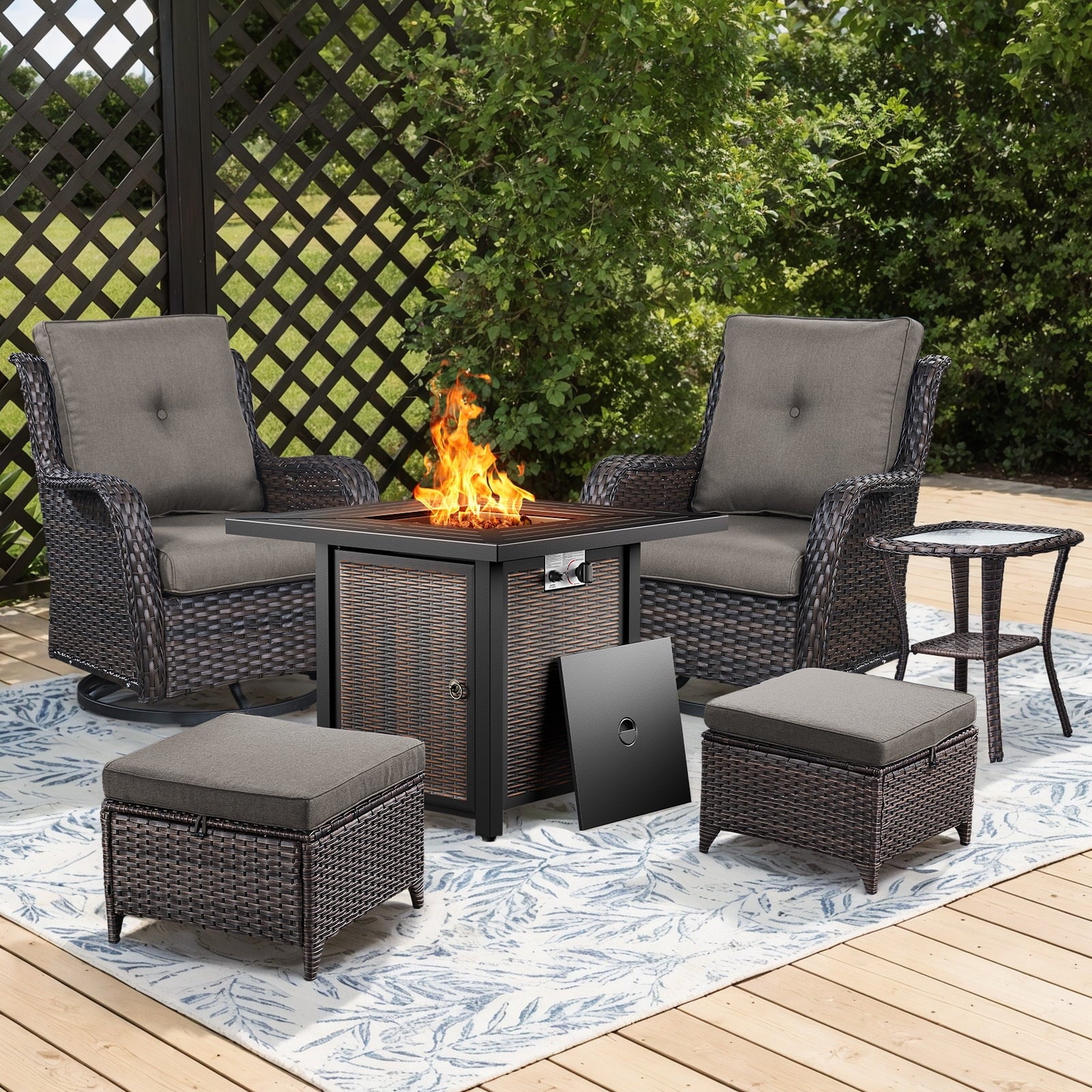 Bellefurn Outdoor Patio Furniture Sets with Swivel Rocker Chairs,3-Seat Sofa and Ottoman High-Back Rattan Patio Conversation Sets for Porch Deck Backyard Poolside