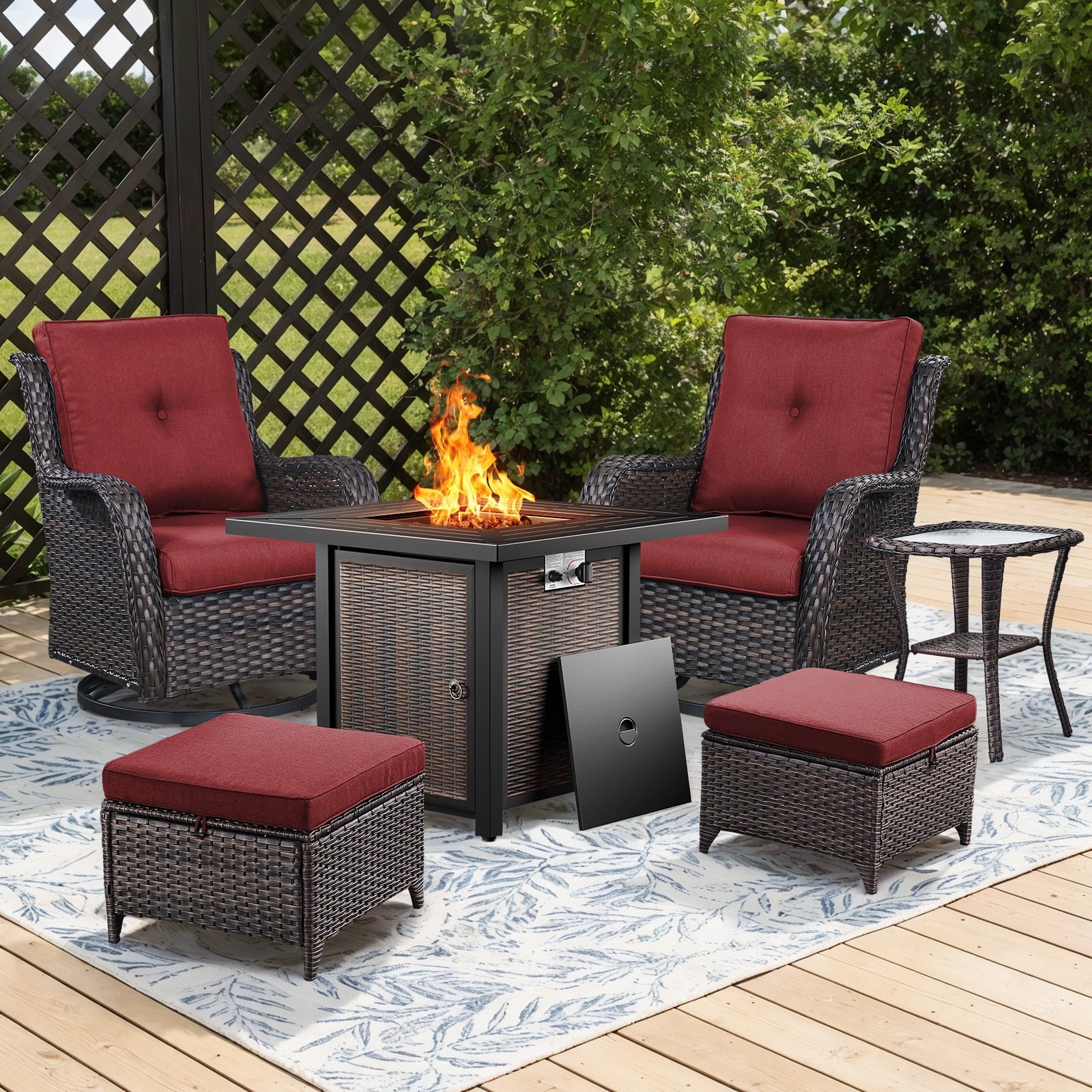 Bellefurn Outdoor Patio Furniture Sets with Swivel Rocker Chairs,3-Seat Sofa and Ottoman High-Back Rattan Patio Conversation Sets for Porch Deck Backyard Poolside