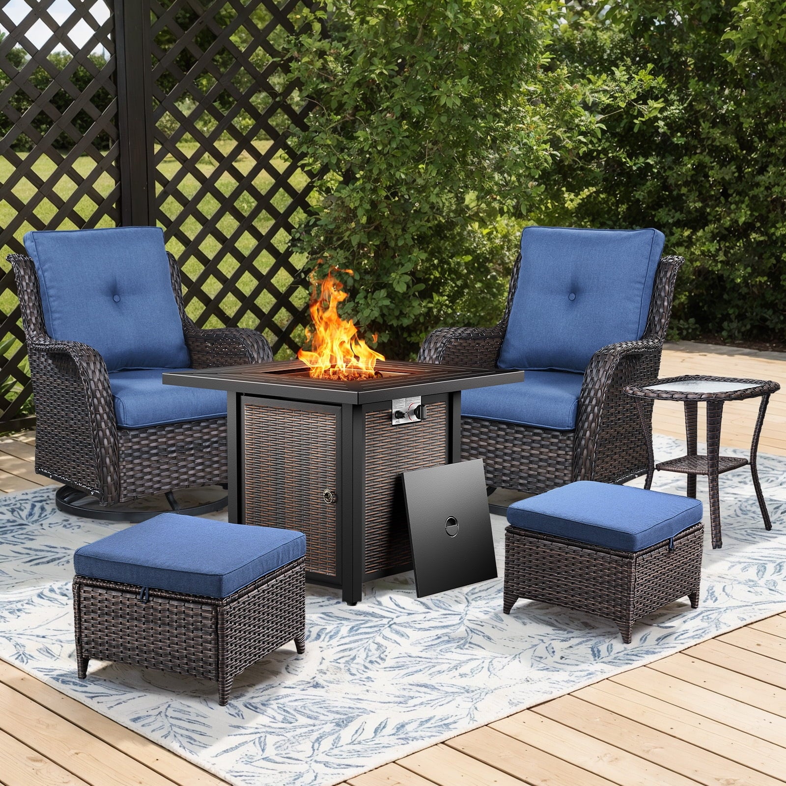Bellefurn Outdoor Patio Furniture Sets with Swivel Rocker Chairs,3-Seat Sofa and Ottoman High-Back Rattan Patio Conversation Sets for Porch Deck Backyard Poolside