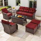 Luxury High Back Outdoor Furniture Set with 6 inch Thick Cushion,Patio Furniture Set with Swivel Rocker Chair,Sofa and Coffee Table,5 PCS Wicker Conversation Set for Yard,Deck,Poolside