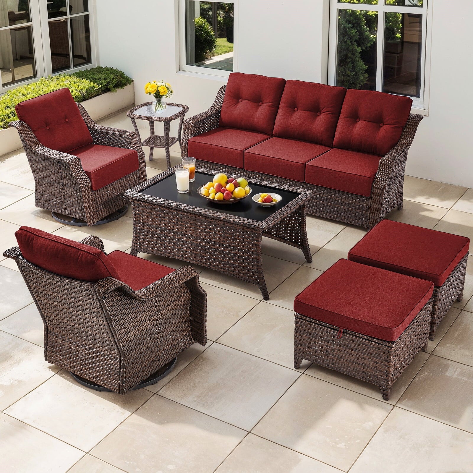Luxury High Back Outdoor Furniture Set with 6 inch Thick Cushion,Patio Furniture Set with Swivel Rocker Chair,Sofa and Coffee Table,5 PCS Wicker Conversation Set for Yard,Deck,Poolside
