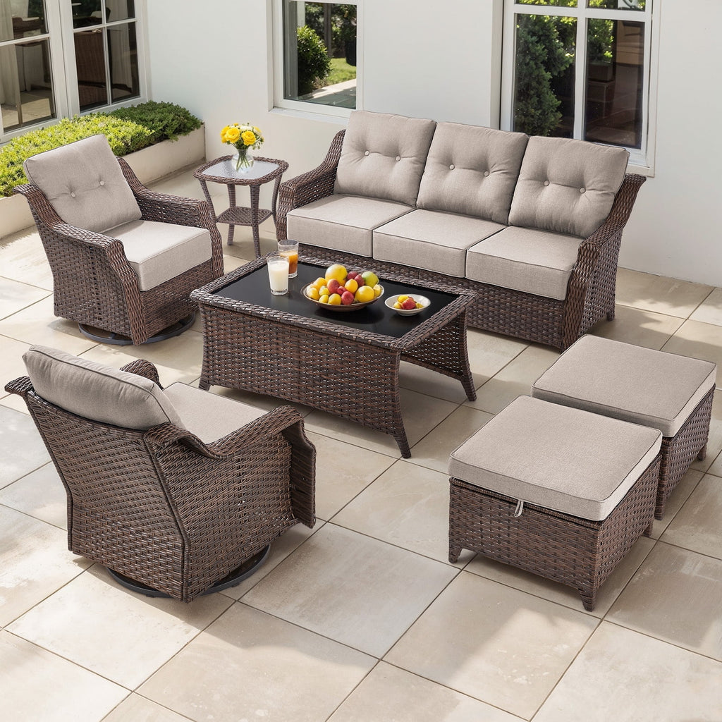 Luxury High Back Outdoor Furniture Set with 6 inch Thick Cushion,Patio Furniture Set with Swivel Rocker Chair,Sofa and Coffee Table,5 PCS Wicker Conversation Set for Yard,Deck,Poolside