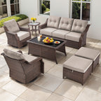 Luxury High Back Outdoor Furniture Set with 6 inch Thick Cushion,Patio Furniture Set with Swivel Rocker Chair,Sofa and Coffee Table,5 PCS Wicker Conversation Set for Yard,Deck,Poolside