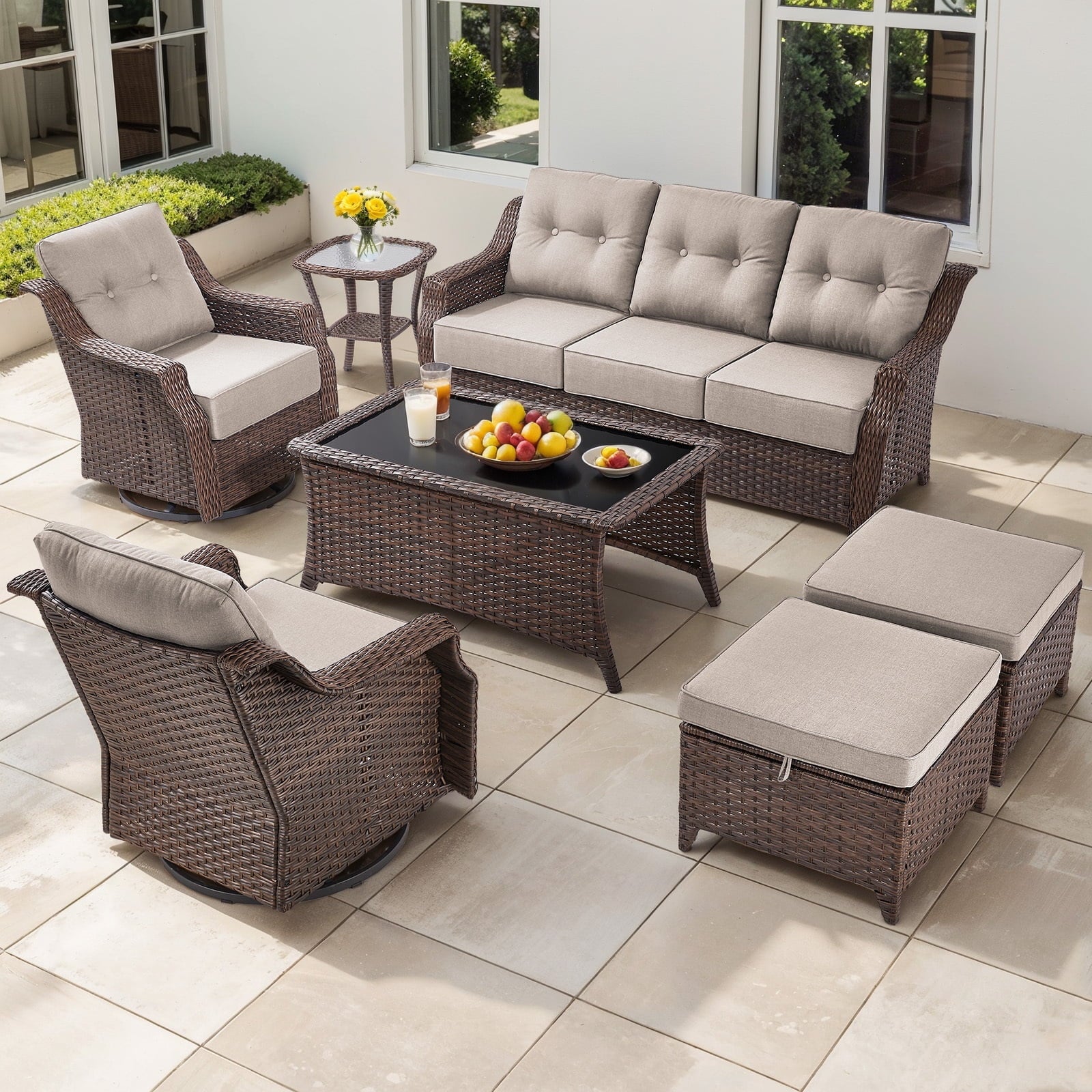Luxury High Back Outdoor Furniture Set with 6 inch Thick Cushion,Patio Furniture Set with Swivel Rocker Chair,Sofa and Coffee Table,5 PCS Wicker Conversation Set for Yard,Deck,Poolside