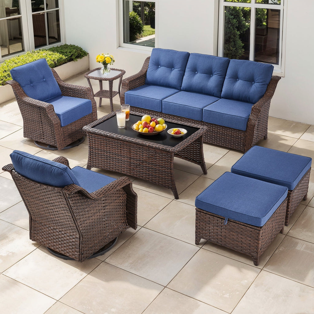 Luxury High Back Outdoor Furniture Set with 6 inch Thick Cushion,Patio Furniture Set with Swivel Rocker Chair,Sofa and Coffee Table,5 PCS Wicker Conversation Set for Yard,Deck,Poolside