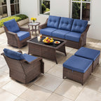 Luxury High Back Outdoor Furniture Set with 6 inch Thick Cushion,Patio Furniture Set with Swivel Rocker Chair,Sofa and Coffee Table,5 PCS Wicker Conversation Set for Yard,Deck,Poolside