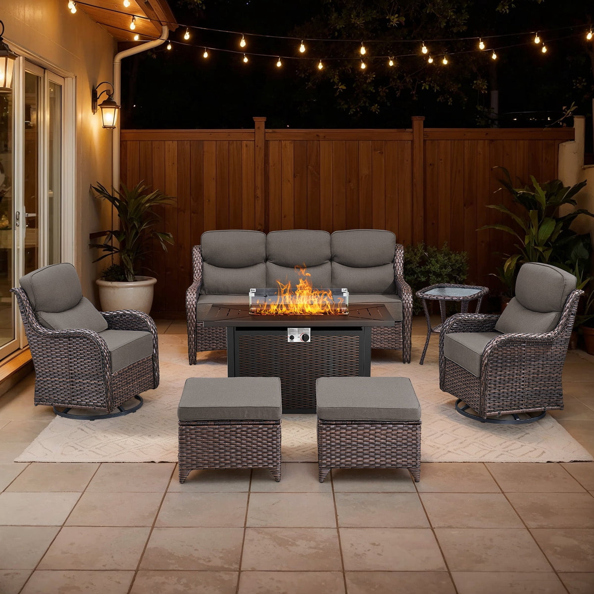 Bellefurn Luxury 6 Pieces Outdoor Patio Furniture Set with Swivel Rocker Chairs 6-inch Extra Thick Cushions,Sofa Coffee Table,Wicker Conversation Sets for Porch Deck Backyard Poolside