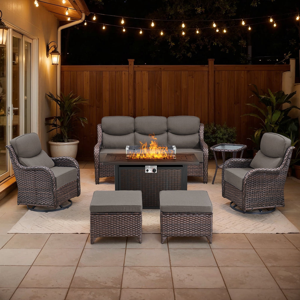 Bellefurn Luxury 6 Pieces Outdoor Patio Furniture Set with Swivel Rocker Chairs 6-inch Extra Thick Cushions,Sofa Coffee Table,Wicker Conversation Sets for Porch Deck Backyard Poolside