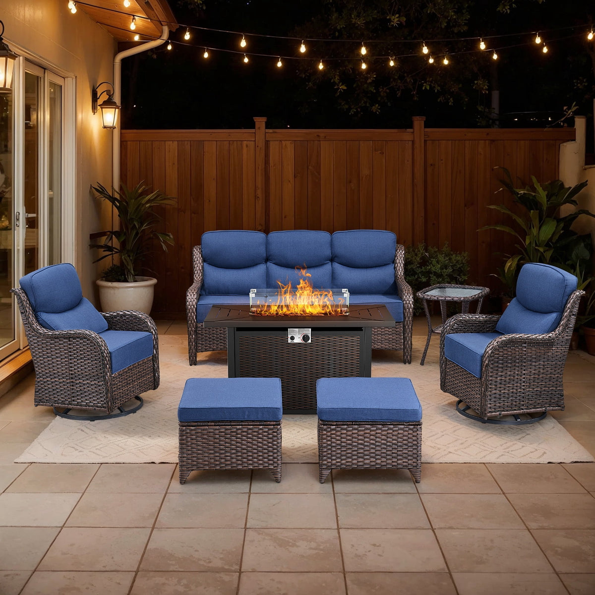 Bellefurn Luxury 6 Pieces Outdoor Patio Furniture Set with Swivel Rocker Chairs 6-inch Extra Thick Cushions,Sofa Coffee Table,Wicker Conversation Sets for Porch Deck Backyard Poolside