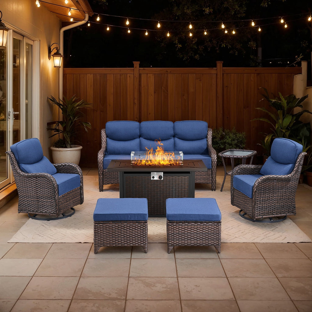 Bellefurn Luxury 6 Pieces Outdoor Patio Furniture Set with Swivel Rocker Chairs 6-inch Extra Thick Cushions,Sofa Coffee Table,Wicker Conversation Sets for Porch Deck Backyard Poolside