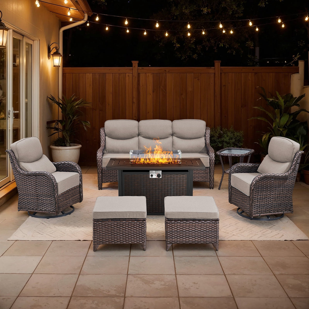 Bellefurn Luxury 6 Pieces Outdoor Patio Furniture Set with Swivel Rocker Chairs 6-inch Extra Thick Cushions,Sofa Coffee Table,Wicker Conversation Sets for Porch Deck Backyard Poolside