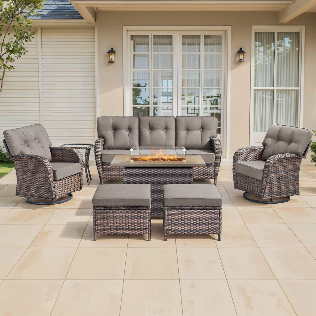 Luxury 6 Piece Outdoor Patio Wicker Furniture Sets with Swivel Rocker Patio Chairs,Sofa and Ottomans,High Back Outdoor Conversation Set for Porch Balcony Deck