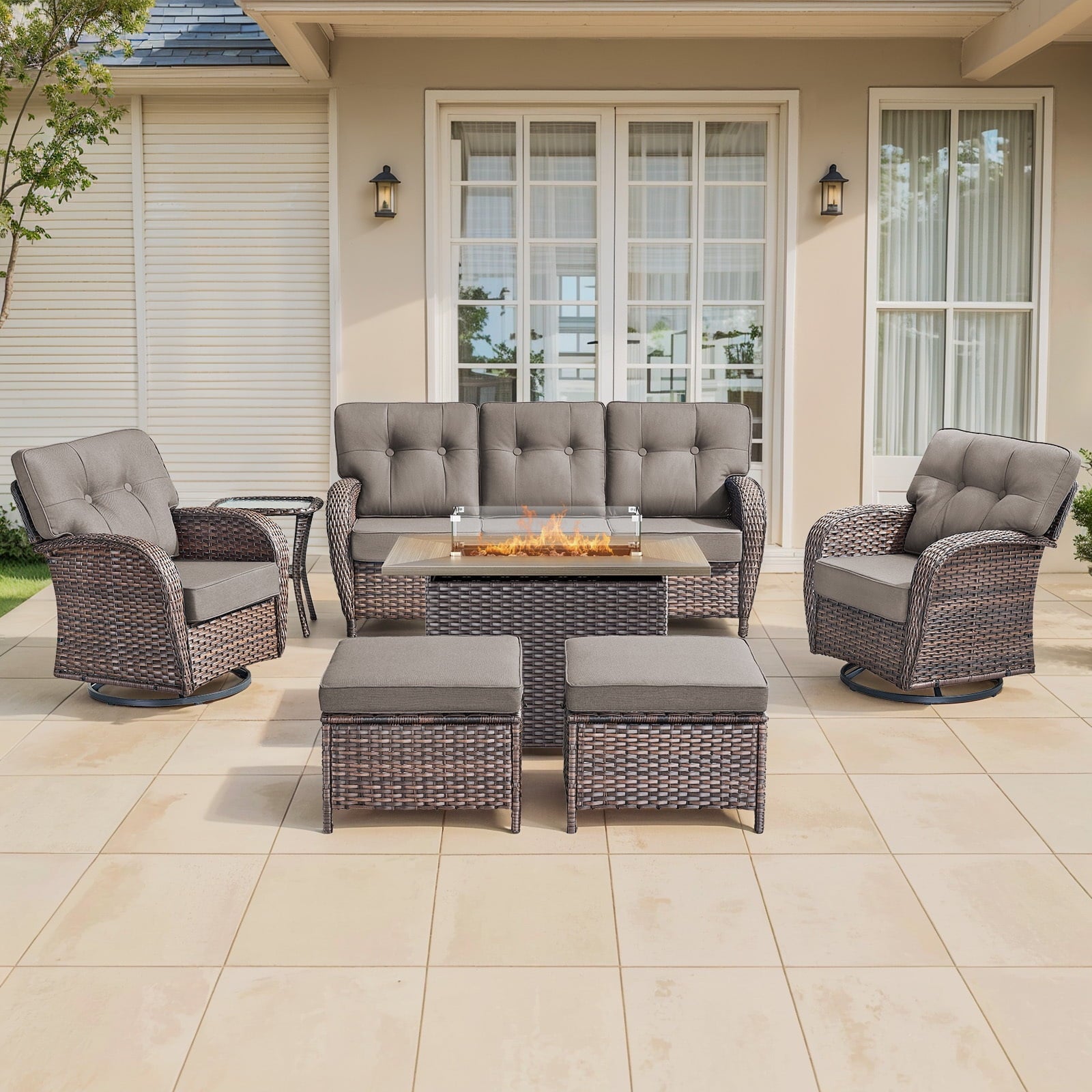 Luxury 6 Piece Outdoor Patio Wicker Furniture Sets with Swivel Rocker Patio Chairs,Sofa and Ottomans,High Back Outdoor Conversation Set for Porch Balcony Deck