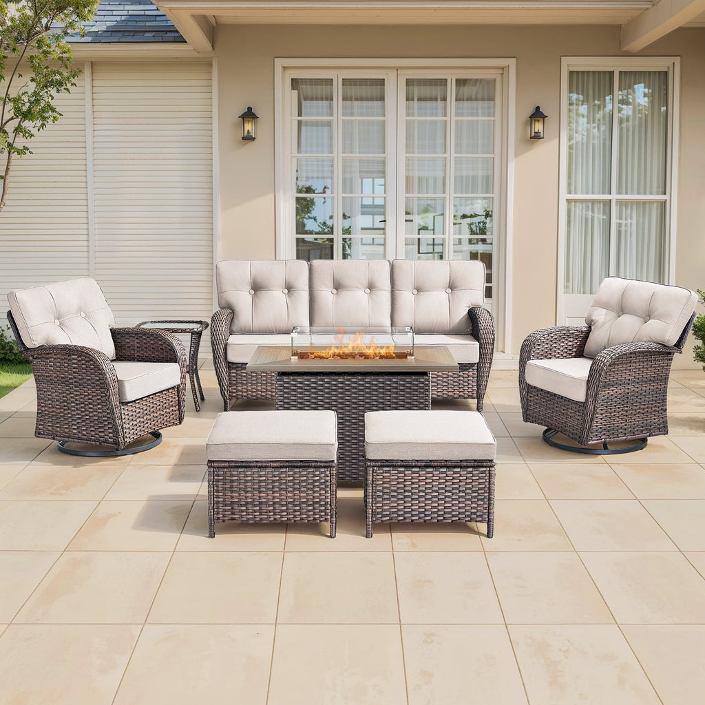 Luxury 6 Piece Outdoor Patio Wicker Furniture Sets with Swivel Rocker Patio Chairs,Sofa and Ottomans,High Back Outdoor Conversation Set for Porch Balcony Deck