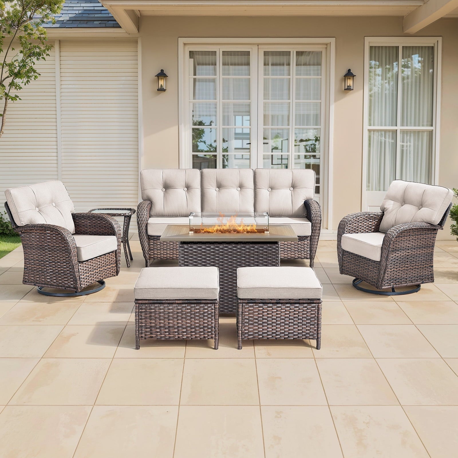 Luxury 6 Piece Outdoor Patio Wicker Furniture Sets with Swivel Rocker Patio Chairs,Sofa and Ottomans,High Back Outdoor Conversation Set for Porch Balcony Deck