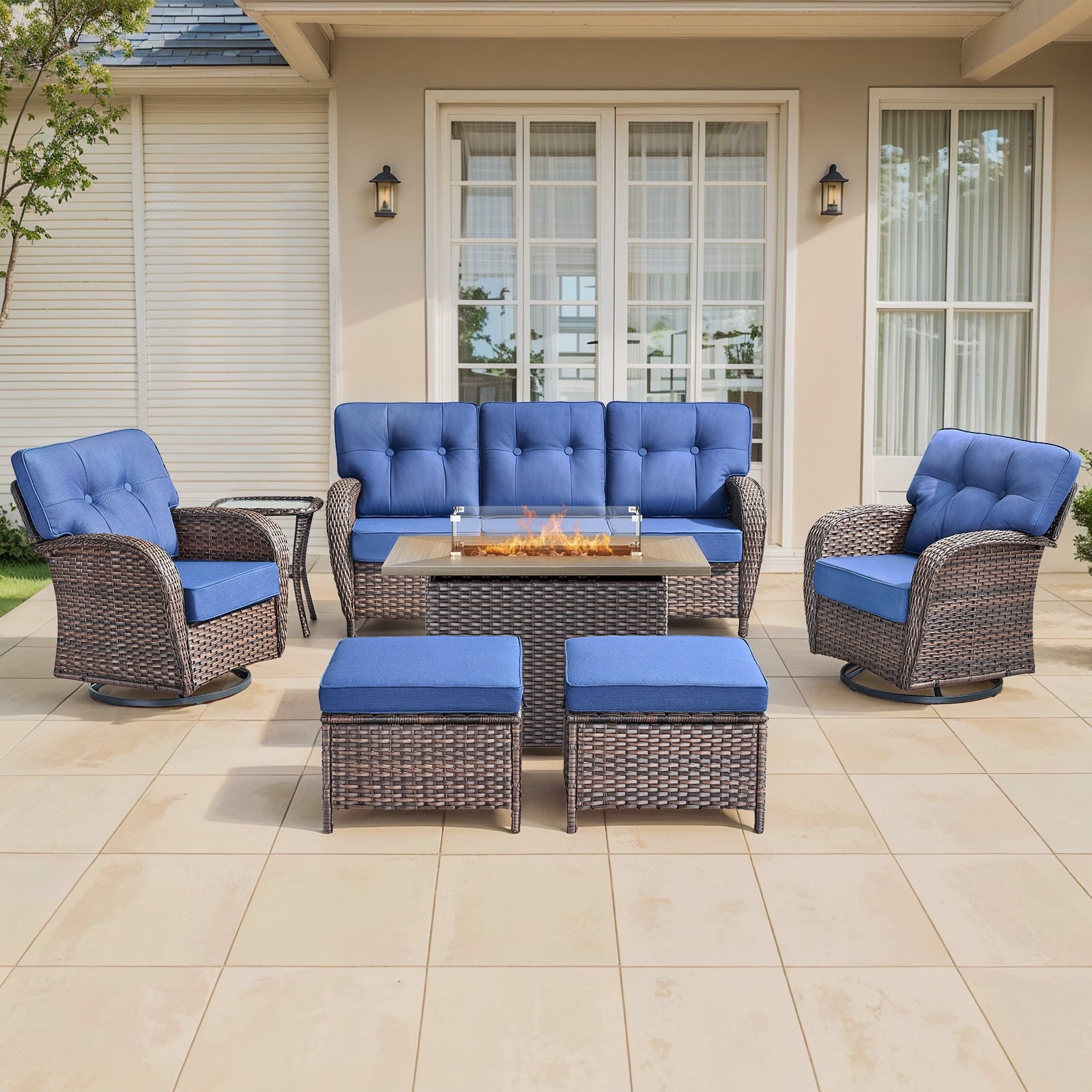 Luxury 6 Piece Outdoor Patio Wicker Furniture Sets with Swivel Rocker Patio Chairs,Sofa and Ottomans,High Back Outdoor Conversation Set for Porch Balcony Deck