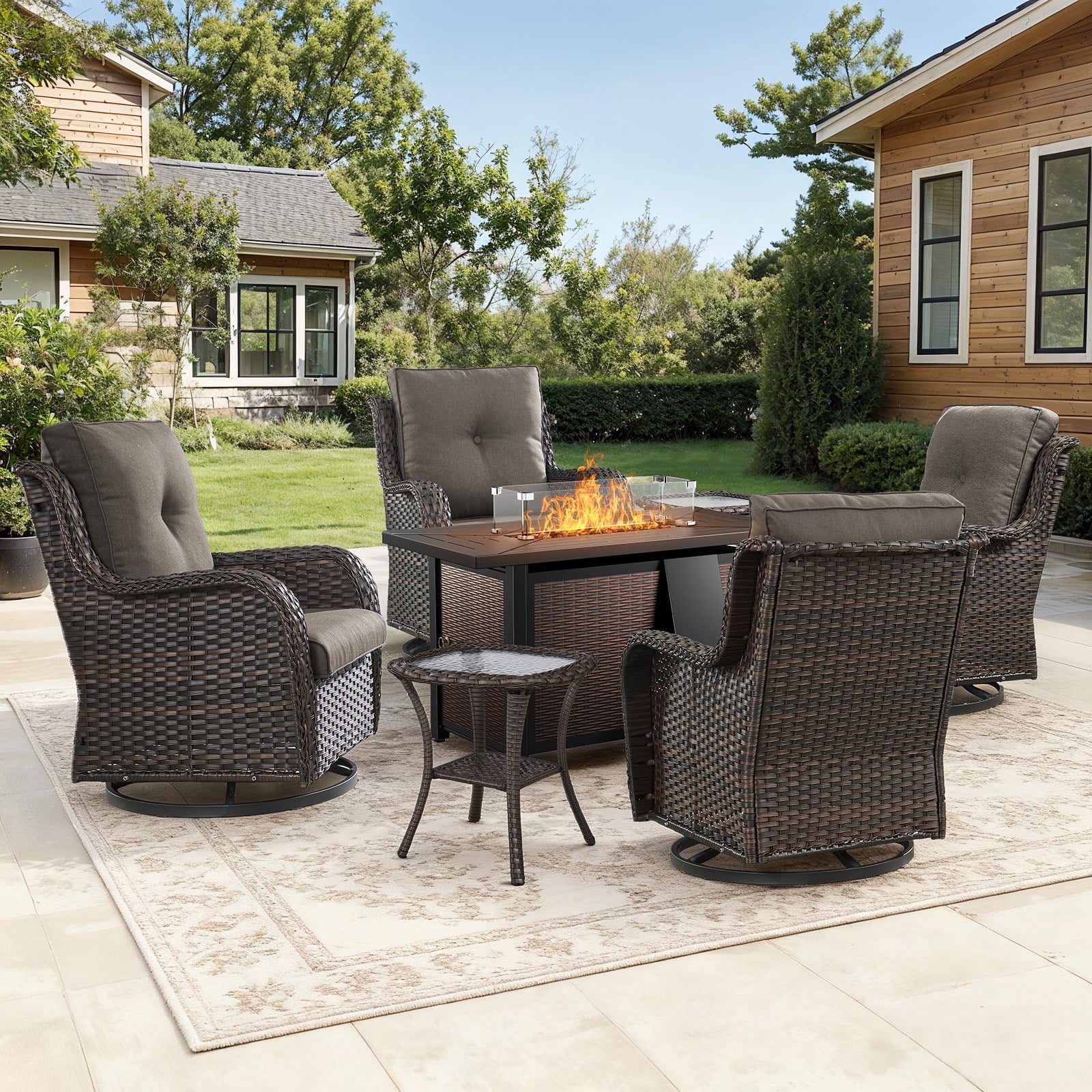 Bellefurn Outdoor Patio Furniture Sets with Swivel Rocker Chairs,3-Seat Sofa and Ottoman High-Back Rattan Patio Conversation Sets for Porch Deck Backyard Poolside