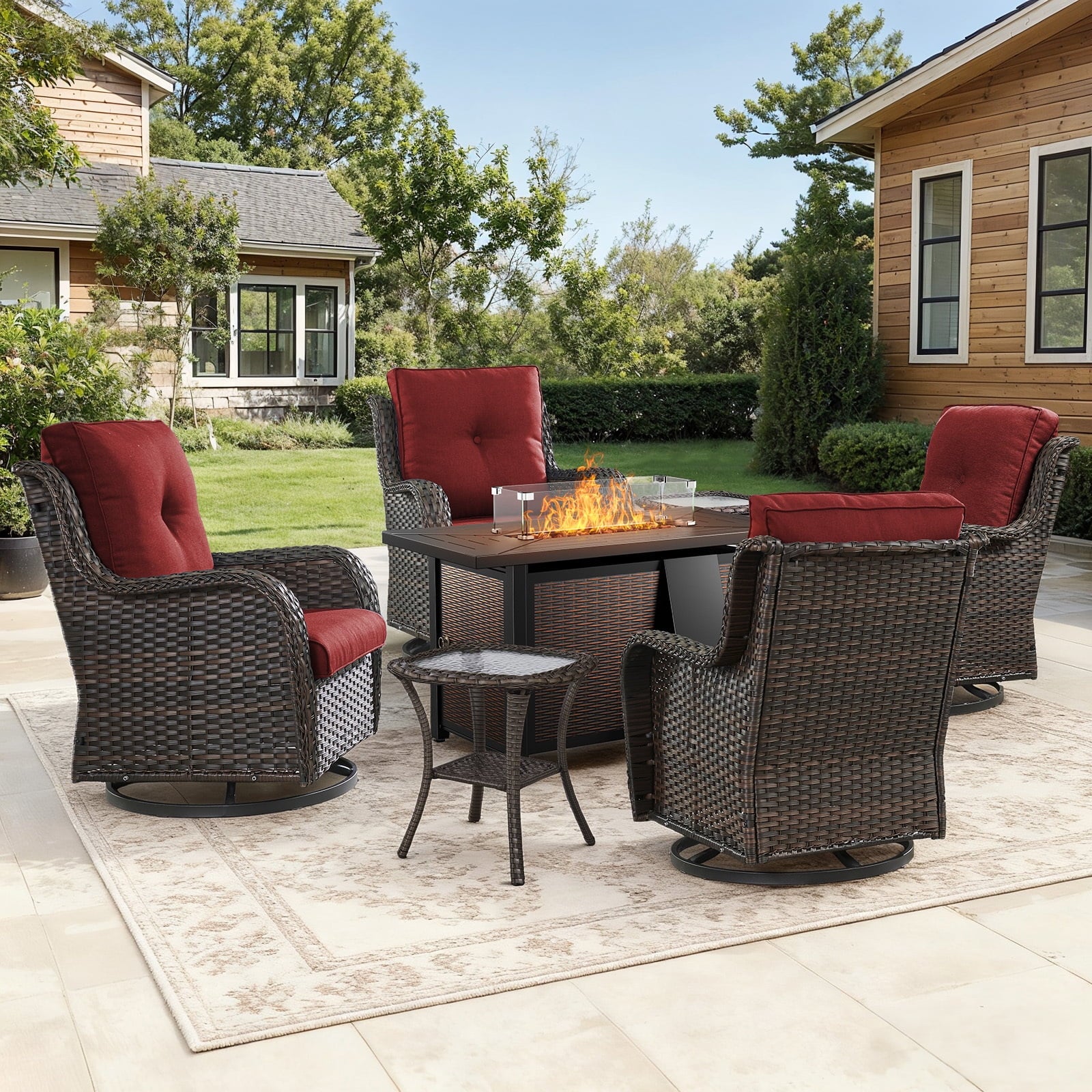 Bellefurn Outdoor Patio Furniture Sets with Swivel Rocker Chairs,3-Seat Sofa and Ottoman High-Back Rattan Patio Conversation Sets for Porch Deck Backyard Poolside