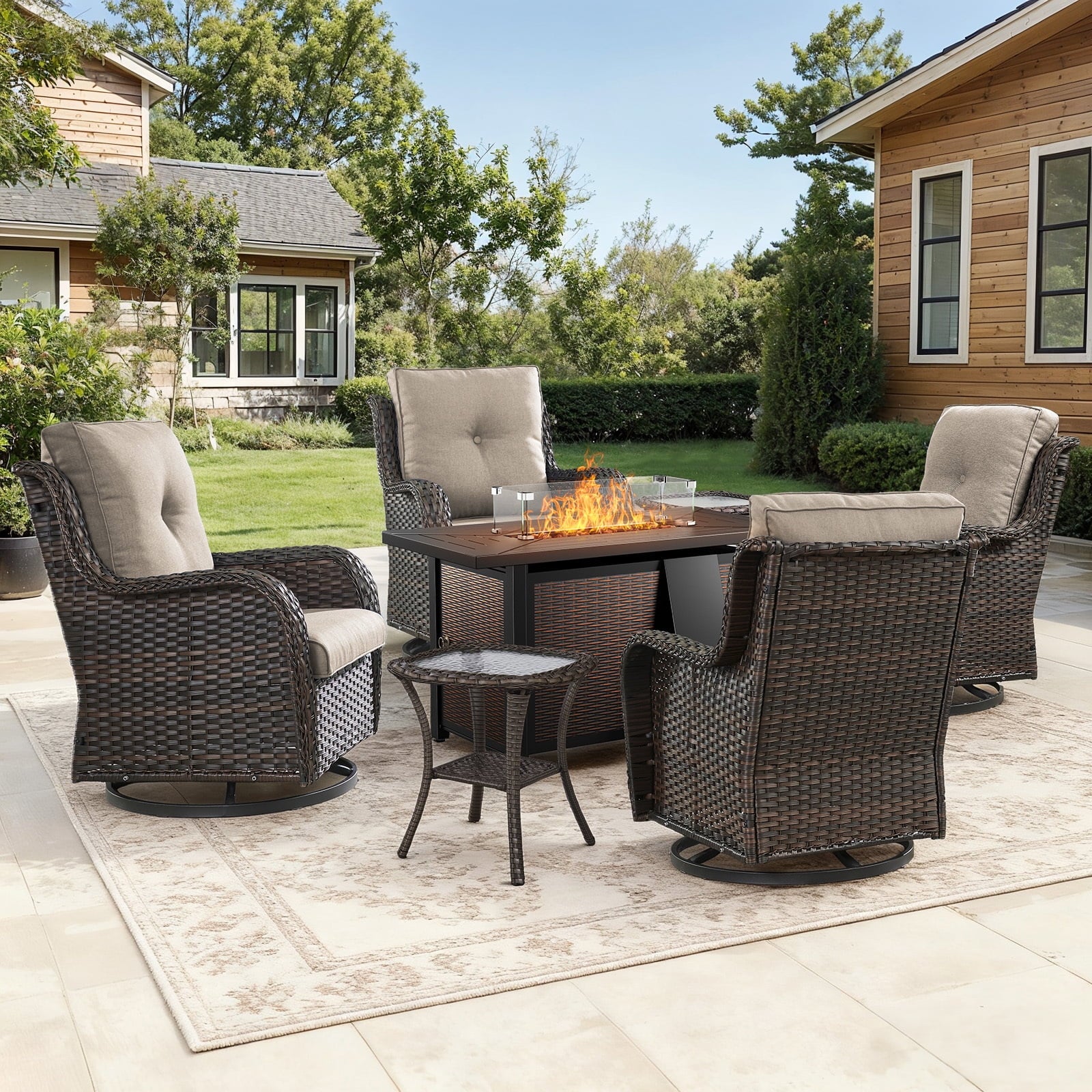 Bellefurn Outdoor Patio Furniture Sets with Swivel Rocker Chairs,3-Seat Sofa and Ottoman High-Back Rattan Patio Conversation Sets for Porch Deck Backyard Poolside