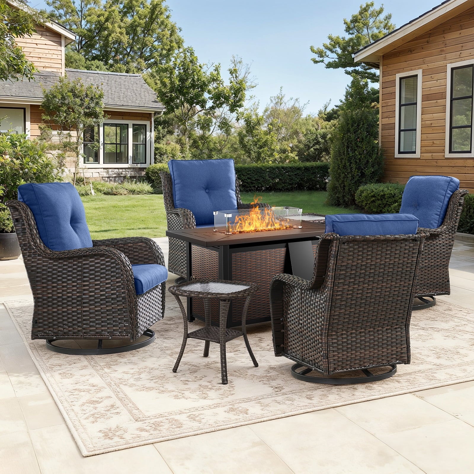 Bellefurn Outdoor Patio Furniture Sets with Swivel Rocker Chairs,3-Seat Sofa and Ottoman High-Back Rattan Patio Conversation Sets for Porch Deck Backyard Poolside