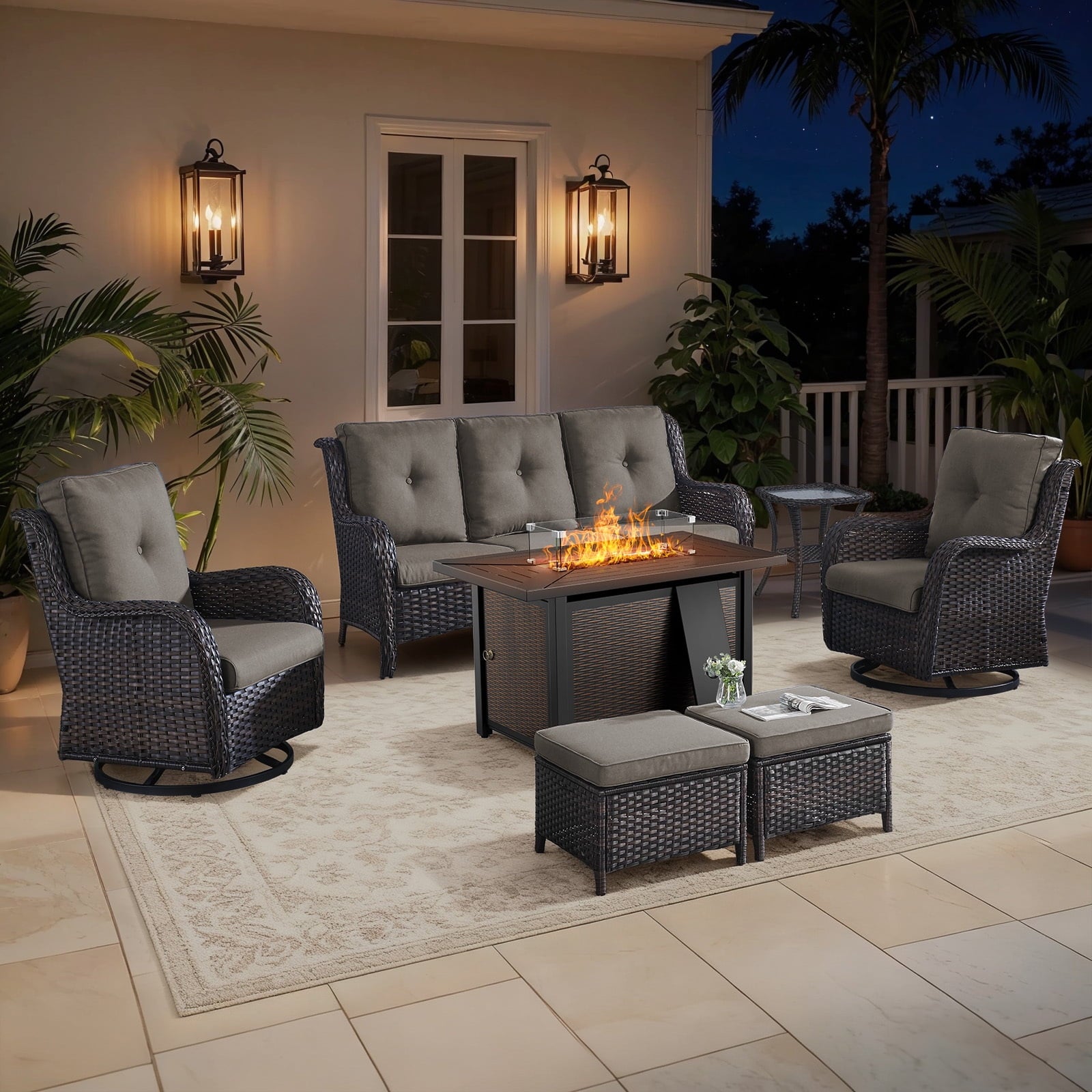 Bellefurn Outdoor Patio Furniture Sets with Swivel Rocker Chairs,3-Seat Sofa and Ottoman High-Back Rattan Patio Conversation Sets for Porch Deck Backyard Poolside