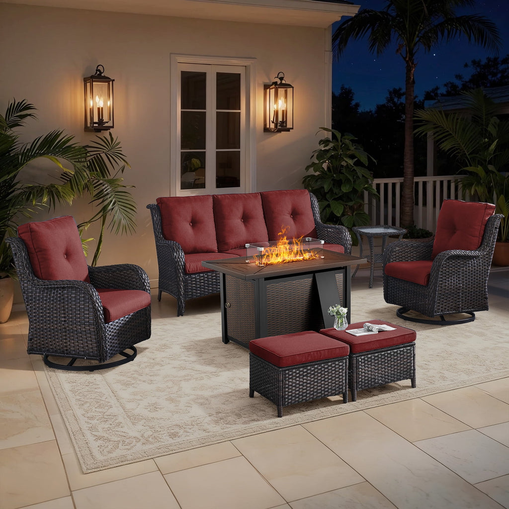 Bellefurn Outdoor Patio Furniture Sets with Swivel Rocker Chairs,3-Seat Sofa and Ottoman High-Back Rattan Patio Conversation Sets for Porch Deck Backyard Poolside