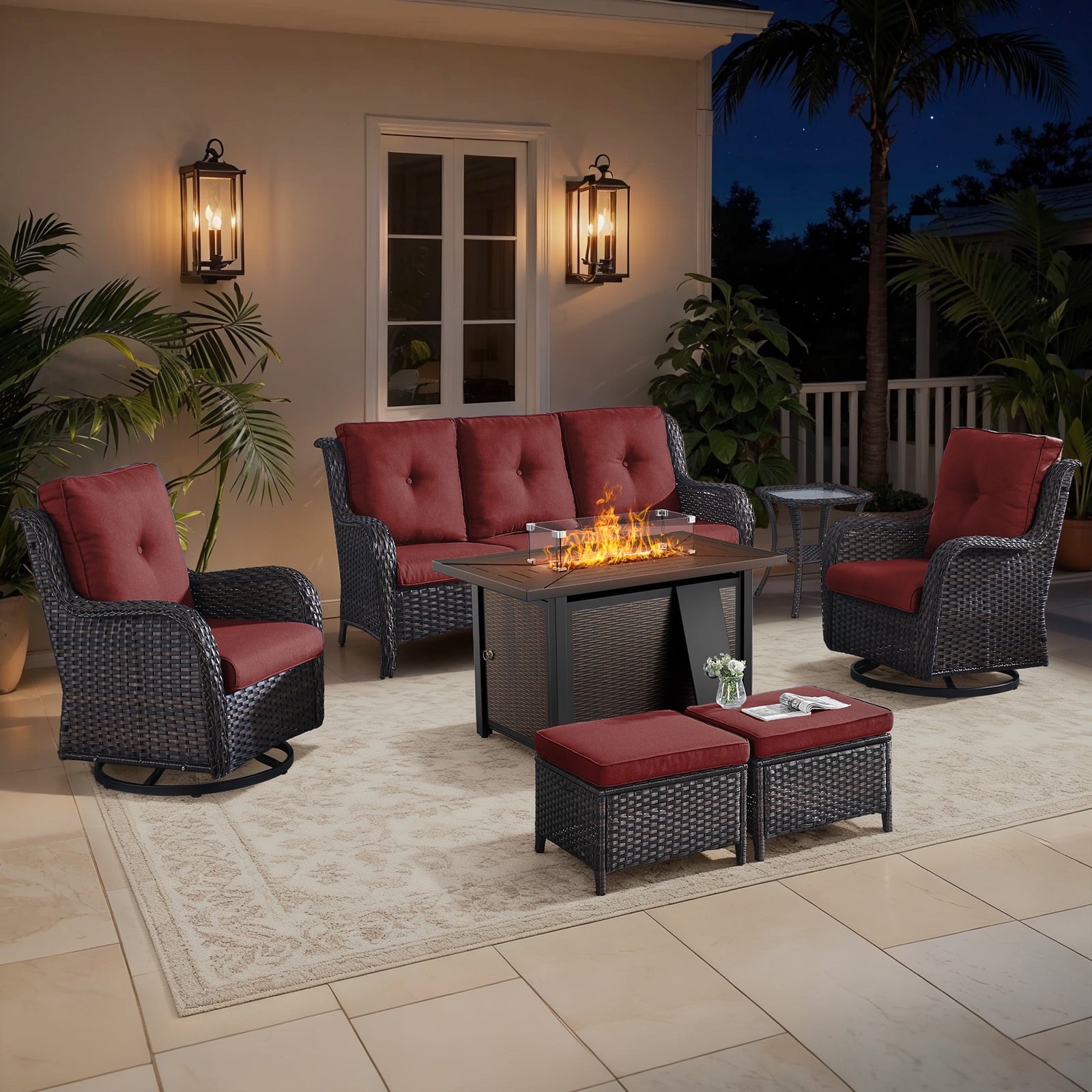 Bellefurn Outdoor Patio Furniture Sets with Swivel Rocker Chairs,3-Seat Sofa and Ottoman High-Back Rattan Patio Conversation Sets for Porch Deck Backyard Poolside