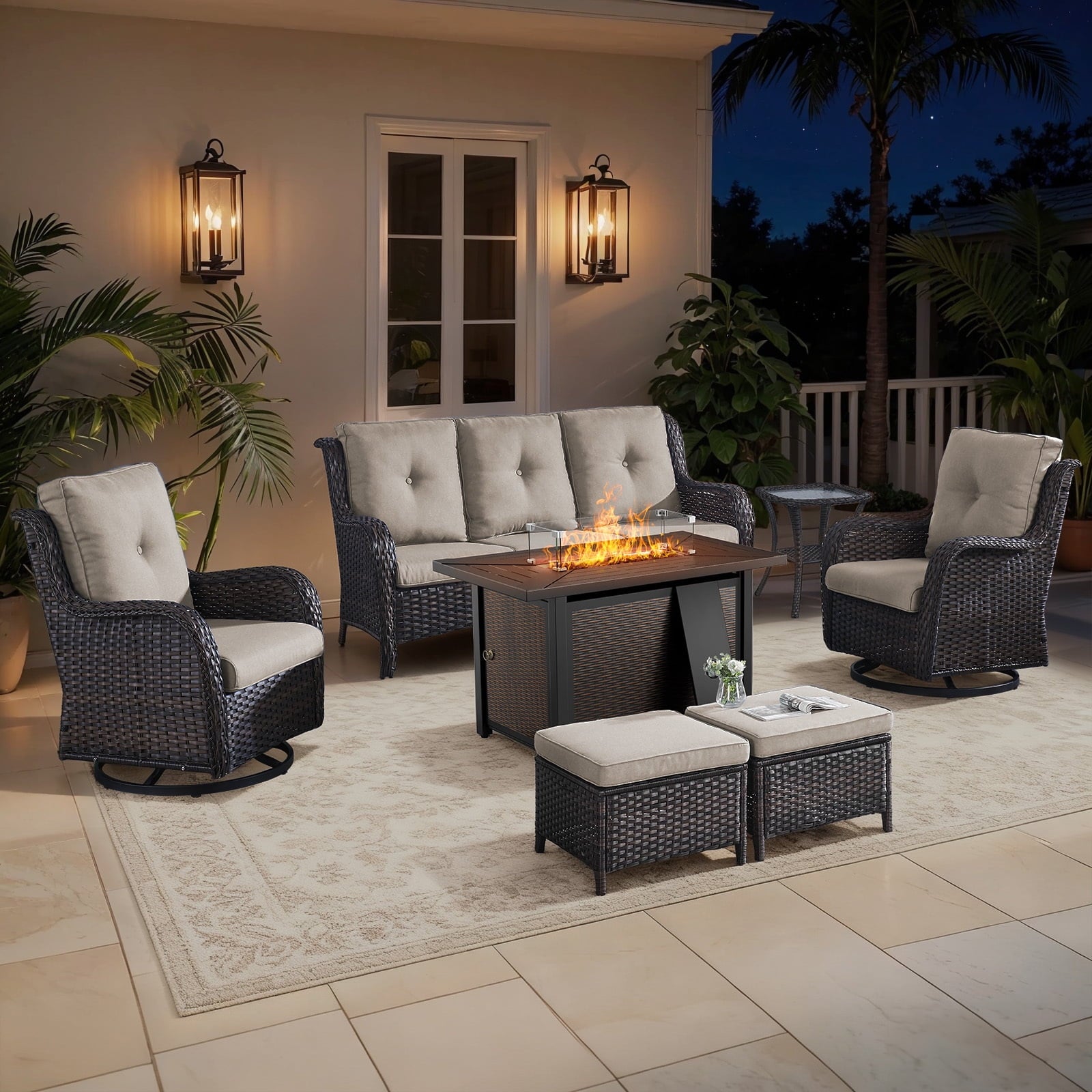 Bellefurn Outdoor Patio Furniture Sets with Swivel Rocker Chairs,3-Seat Sofa and Ottoman High-Back Rattan Patio Conversation Sets for Porch Deck Backyard Poolside