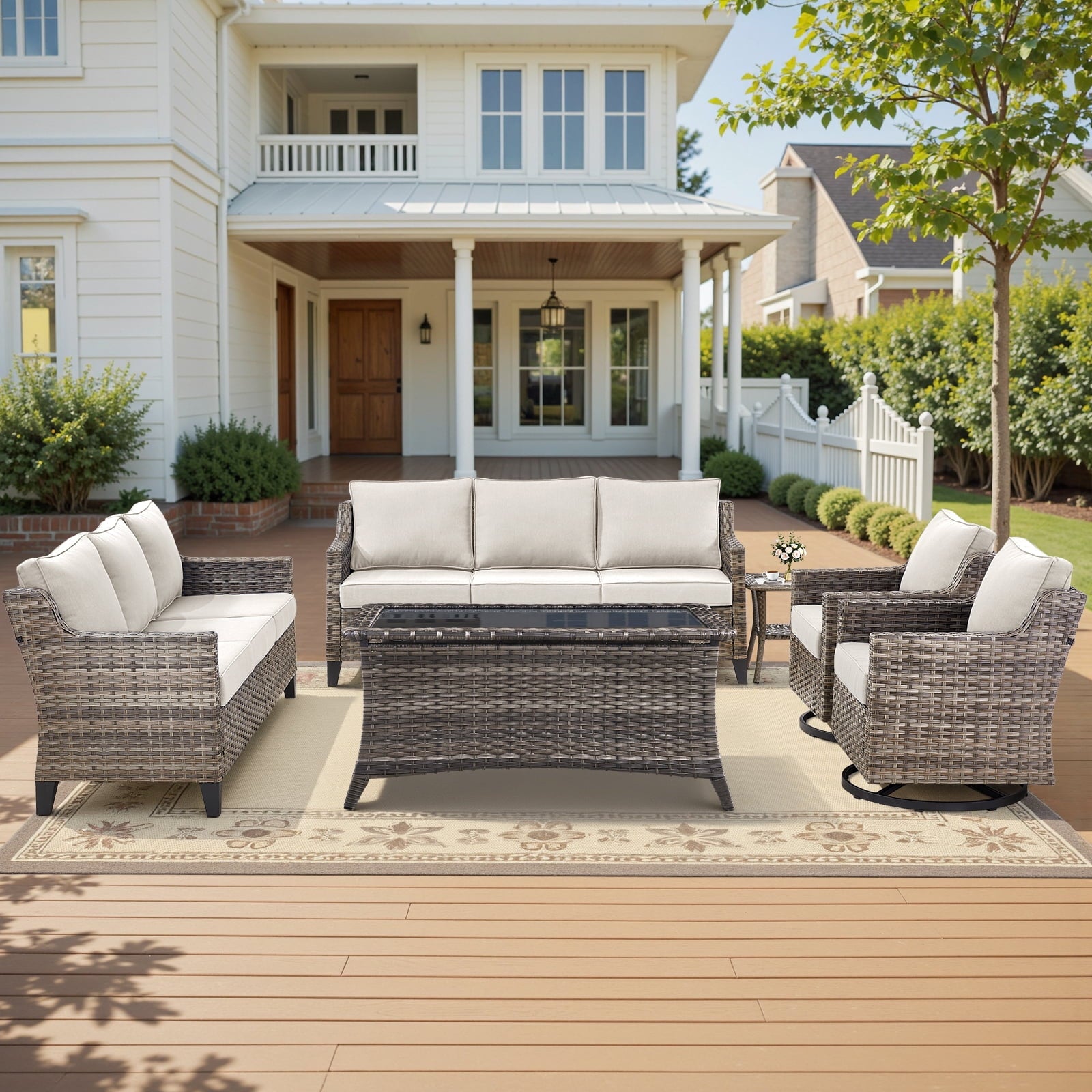 Patio Furniture Sets with Swivel Chairs,All-Weather Outdoor Patio Conversation Sets with High Back Outdoor Swivel Rocker Chairs,Couch,Coffee Tabel and Ottomans for Porch Deck Backyard