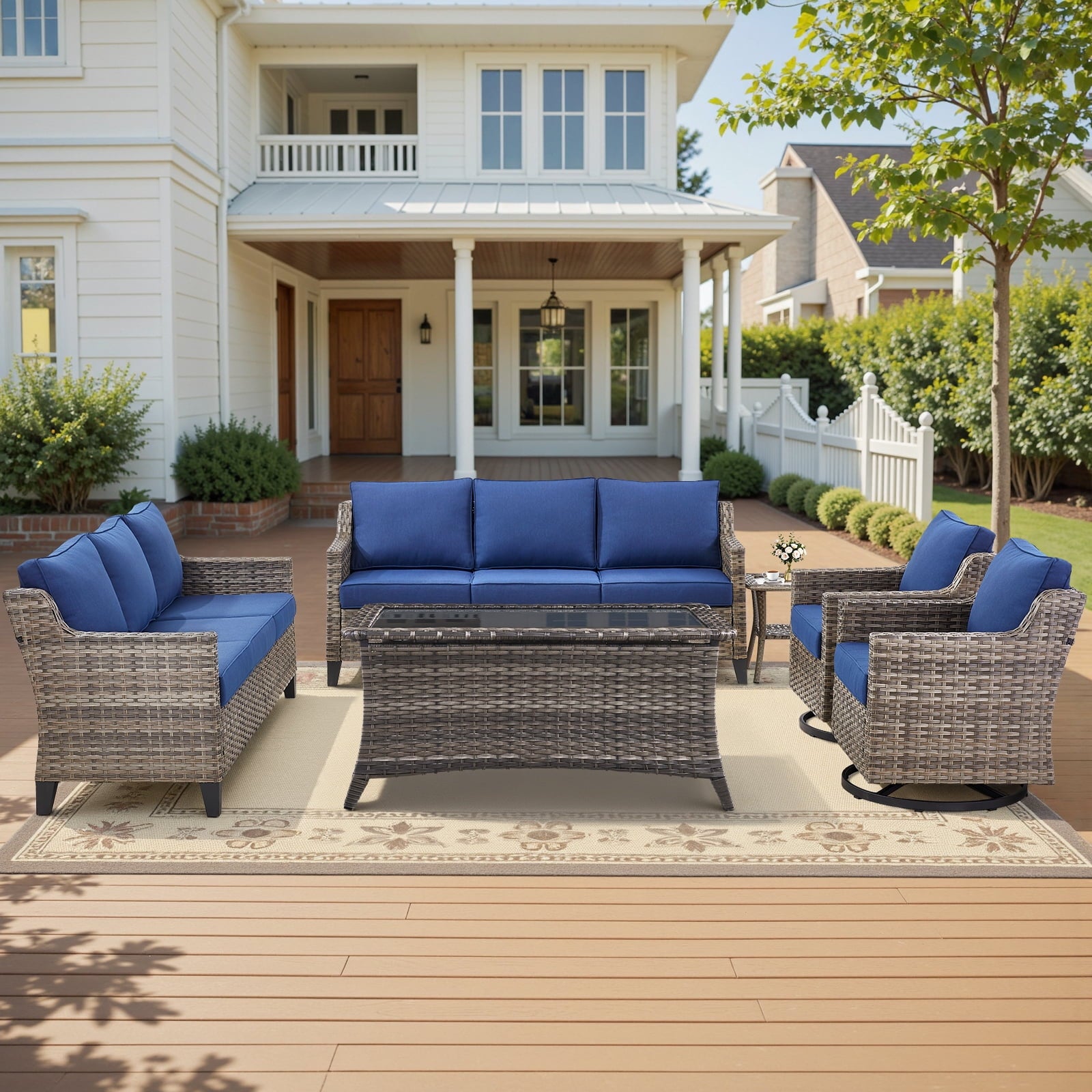 Patio Furniture Sets with Swivel Chairs,All-Weather Outdoor Patio Conversation Sets with High Back Outdoor Swivel Rocker Chairs,Couch,Coffee Tabel and Ottomans for Porch Deck Backyard
