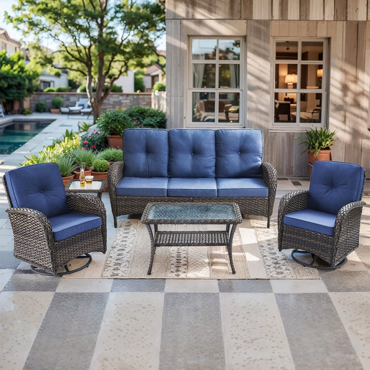 Bellefurn 5 Pieces Outdoor Patio Furniture Sets with Swivel Rocker Chairs Rattan Glider Loveseat and Coffee Table,Wicker Outdoor Conversation Sets for Porch Deck Backyard Poolside