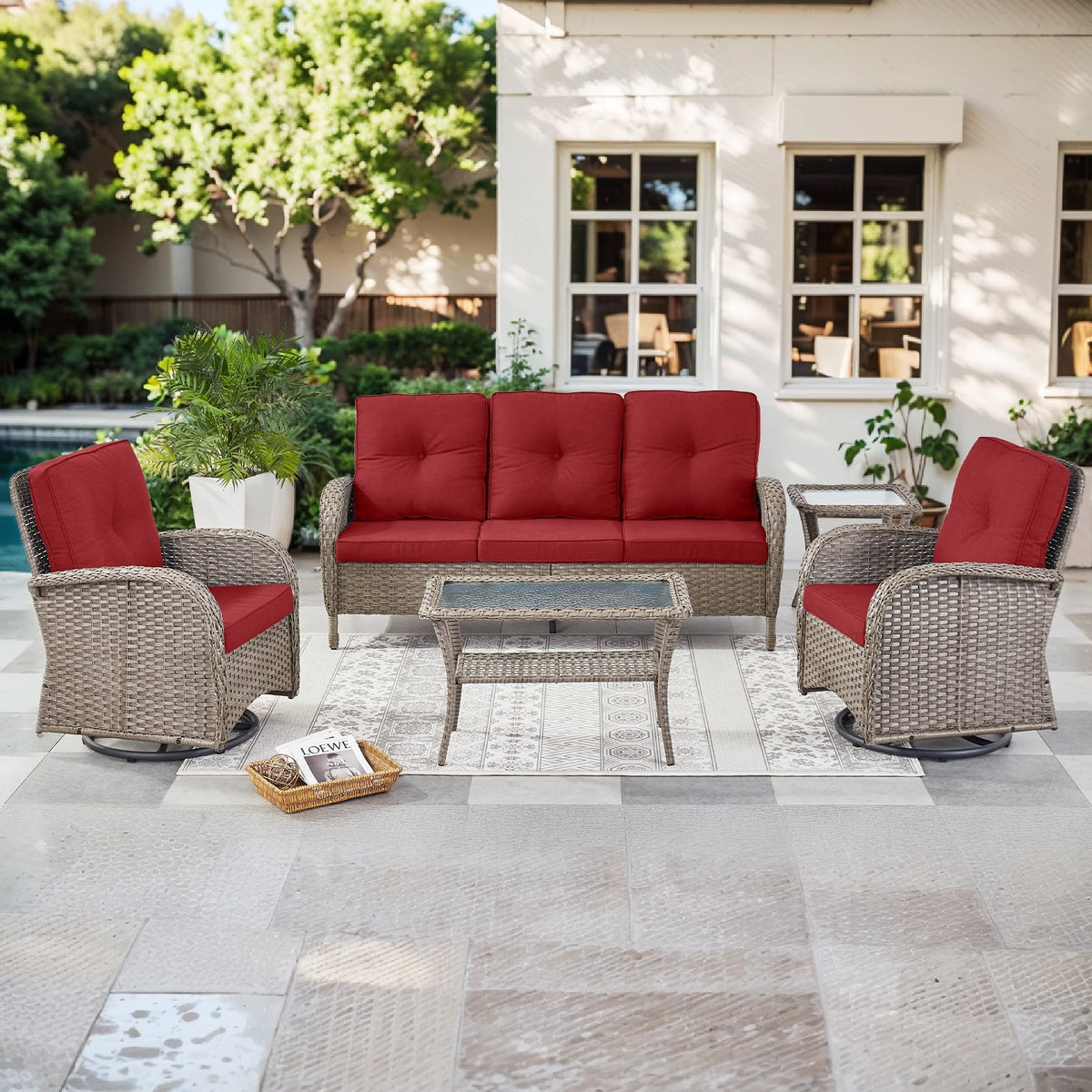 Bellefurn 5 Pieces Outdoor Patio Furniture Sets with Swivel Rocker Chairs Rattan Glider Loveseat and Coffee Table,Wicker Outdoor Conversation Sets for Porch Deck Backyard Poolside