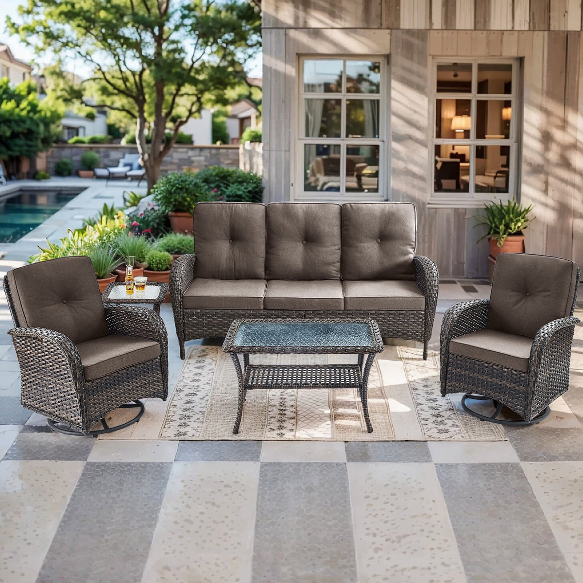 Bellefurn 5 Pieces Outdoor Patio Furniture Sets with Swivel Rocker Chairs Rattan Glider Loveseat and Coffee Table,Wicker Outdoor Conversation Sets for Porch Deck Backyard Poolside