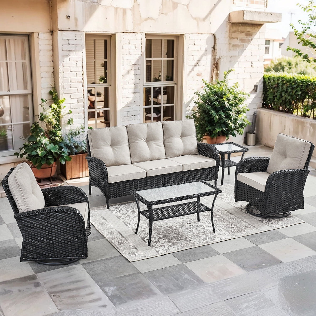 Bellefurn 5 Pieces Outdoor Patio Furniture Sets with Swivel Rocker Chairs Rattan Glider Loveseat and Coffee Table,Wicker Outdoor Conversation Sets for Porch Deck Backyard Poolside