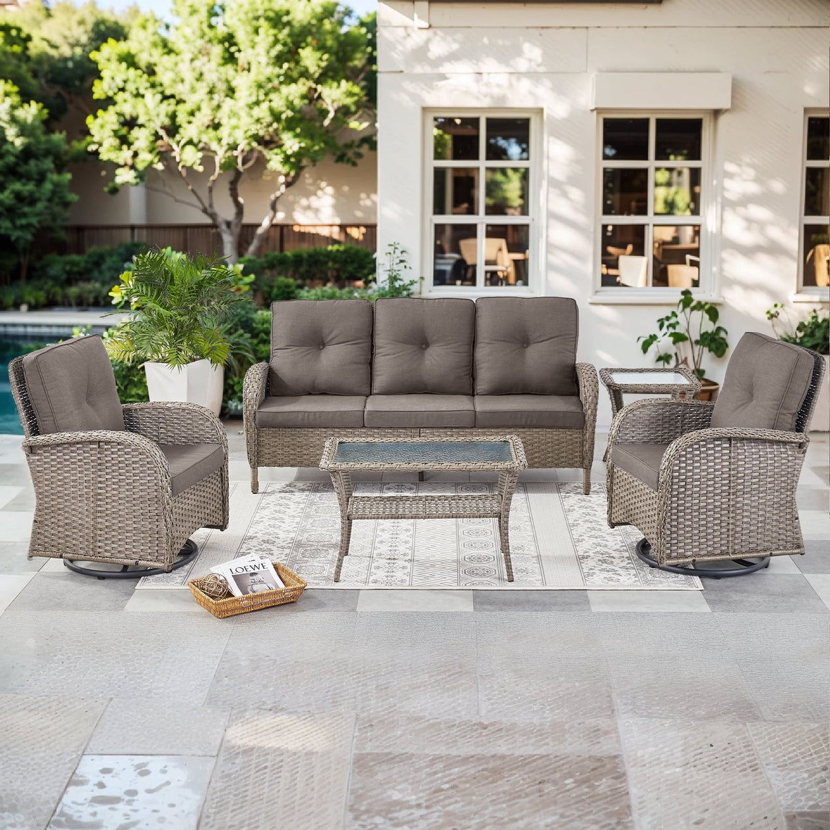 Bellefurn 5 Pieces Outdoor Patio Furniture Sets with Swivel Rocker Chairs Rattan Glider Loveseat and Coffee Table,Wicker Outdoor Conversation Sets for Porch Deck Backyard Poolside