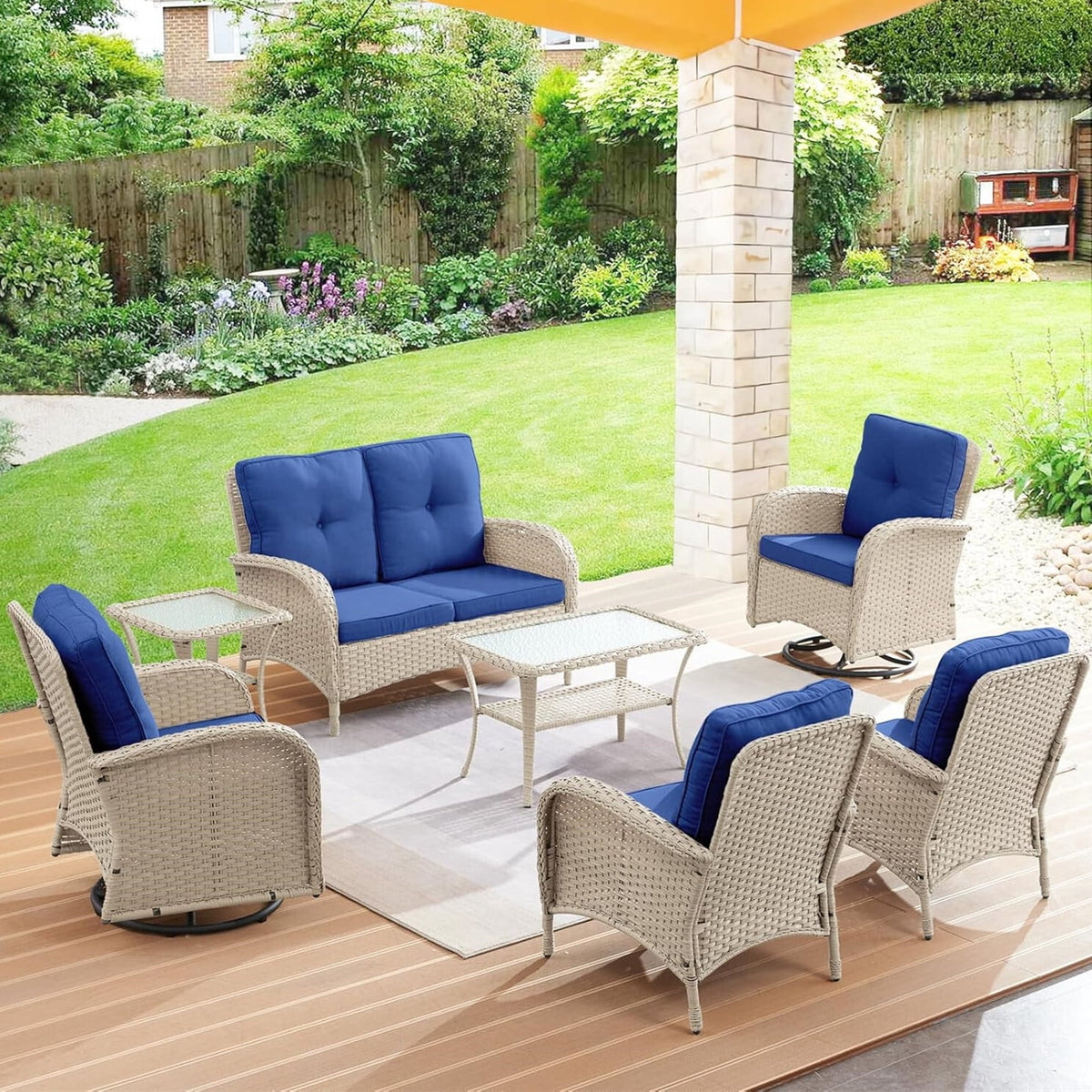 Bellefurn 5 Pieces Outdoor Patio Furniture Sets with Swivel Rocker Chairs Rattan Glider Loveseat and Coffee Table,Wicker Outdoor Conversation Sets for Porch Deck Backyard Poolside