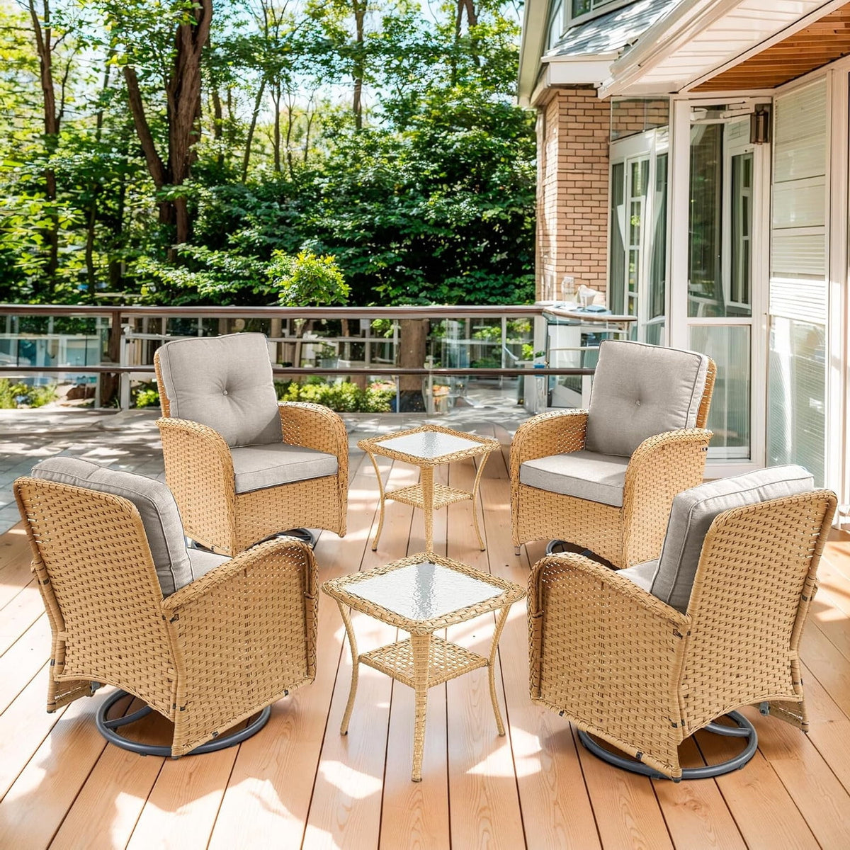 Bellefurn 5 Pieces Outdoor Patio Furniture Sets with Swivel Rocker Chairs Rattan Glider Loveseat and Coffee Table,Wicker Outdoor Conversation Sets for Porch Deck Backyard Poolside