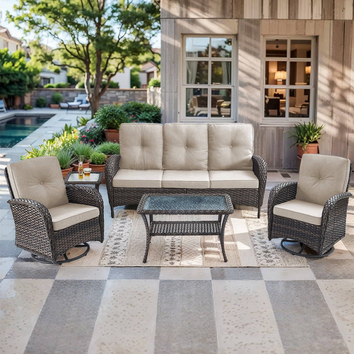 Bellefurn 5 Pieces Outdoor Patio Furniture Sets with Swivel Rocker Chairs Rattan Glider Loveseat and Coffee Table,Wicker Outdoor Conversation Sets for Porch Deck Backyard Poolside