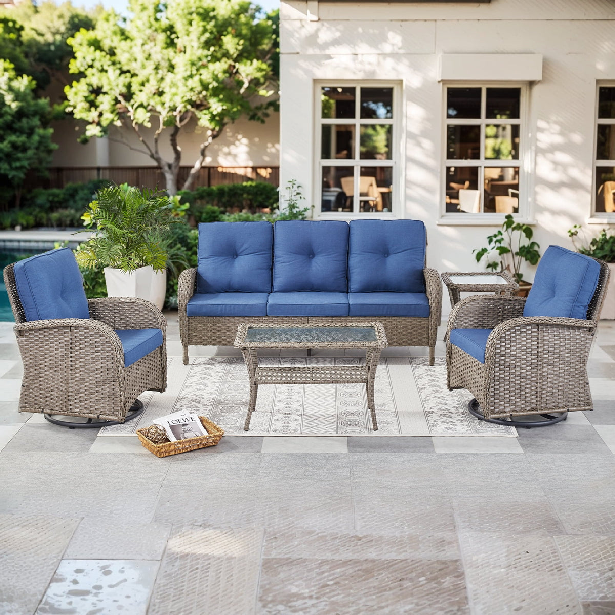 Bellefurn 5 Pieces Outdoor Patio Furniture Sets with Swivel Rocker Chairs Rattan Glider Loveseat and Coffee Table,Wicker Outdoor Conversation Sets for Porch Deck Backyard Poolside